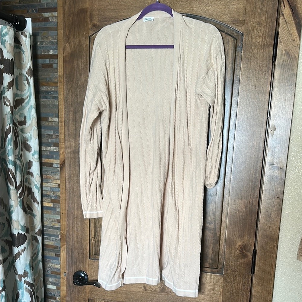 Zyia Active Beige Cable Knit Open Front Sweater